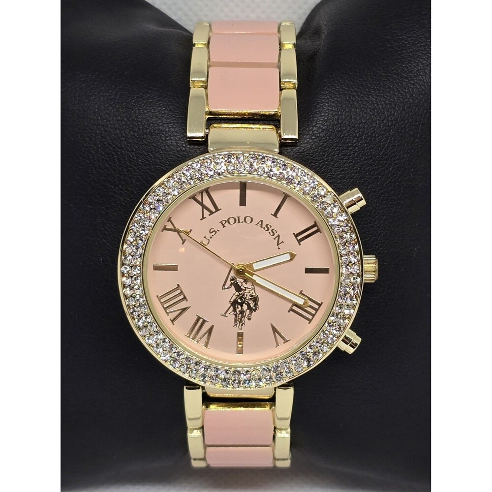 Women's U.S. Polo Assn Trendy Pink Nude Gold Tone Case Bracelet Band Watch 11